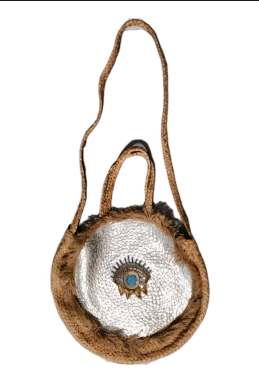 Evil Eye Sequin Embroidered Jute Silver Straw Beach Bag Tote Round Boho